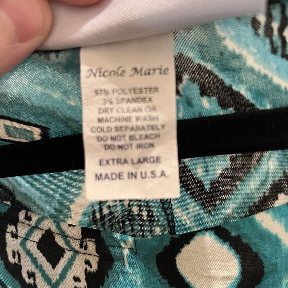 Nicole Marie Blue Teal Black Chevron Geometric Shark Bite Hem Top Womens Size XL - Picture 8 of 13